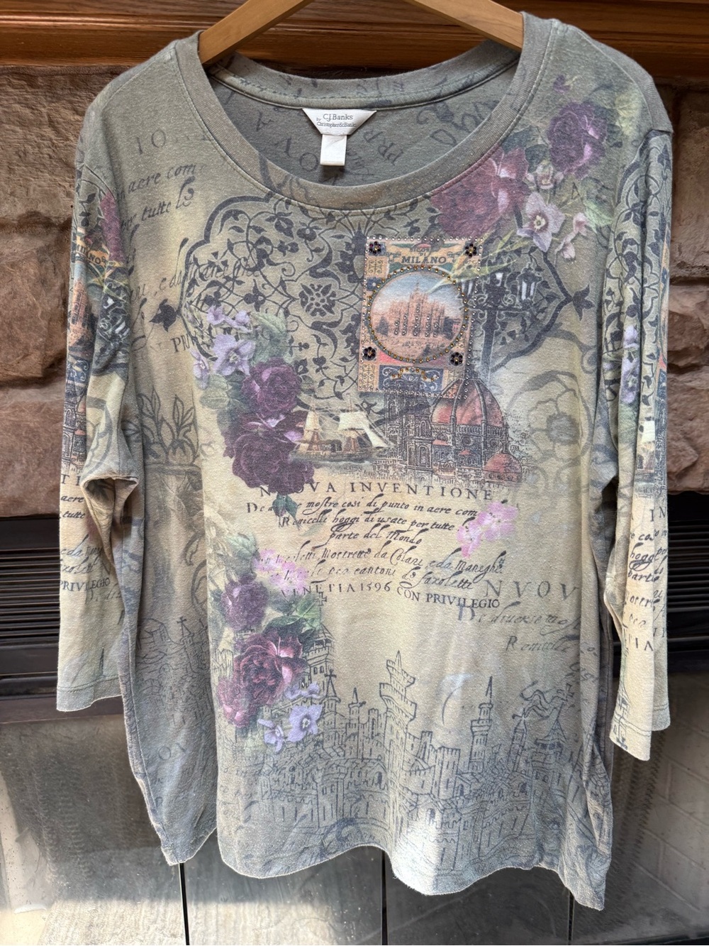 CJ Banks Olive Green Floral Graphic Scoop Neck Top